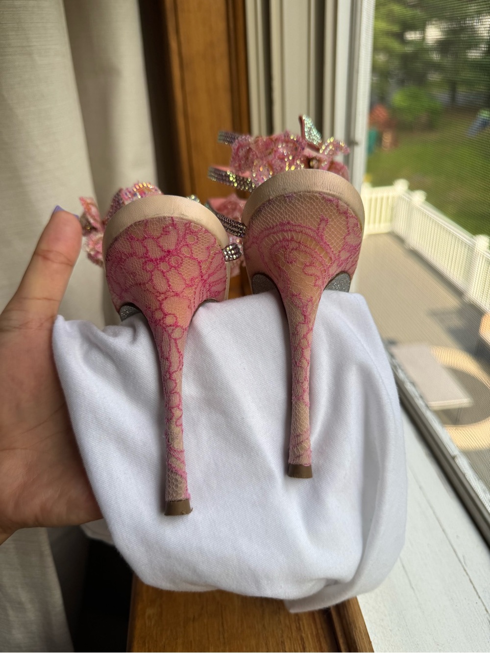 Rene Caovilla Pink Crystal Butterfly Strap Heels - Picture 4 of 6